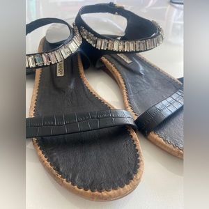 Manolo Blahnik flat sandals crocodile leather embellished Swarovski crystals sz6